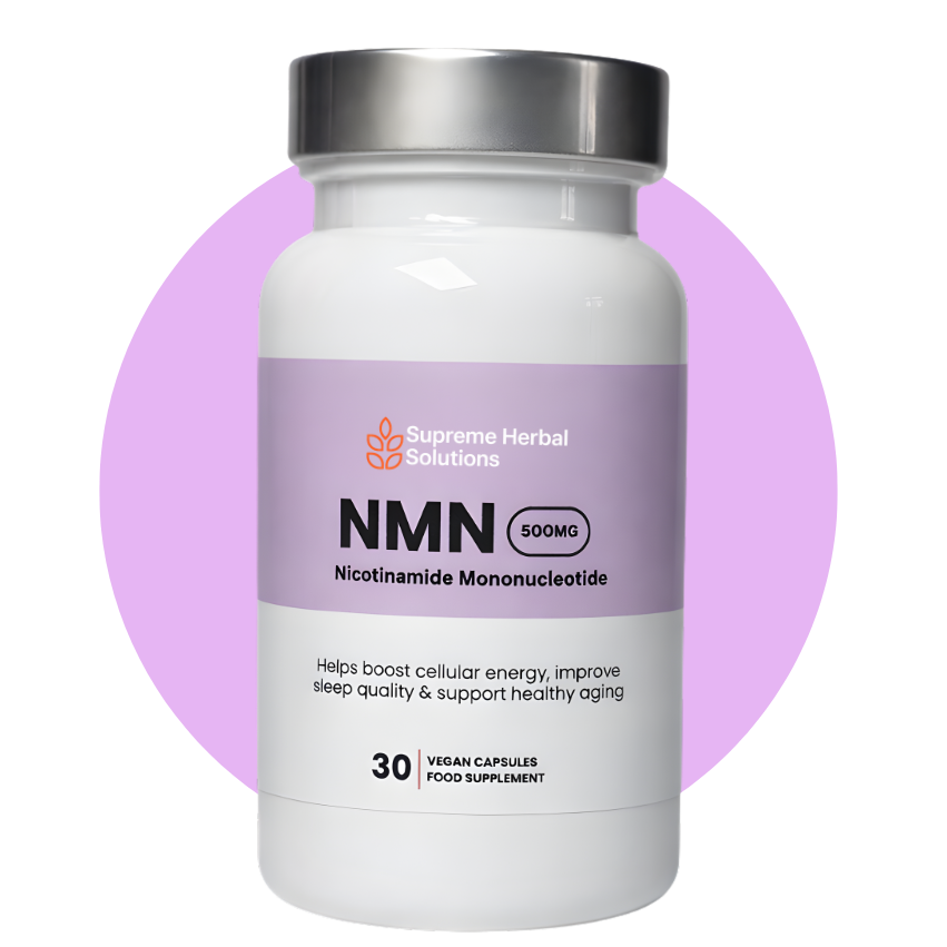 Supplement bottle labeled 'NMN' with a purple circle background