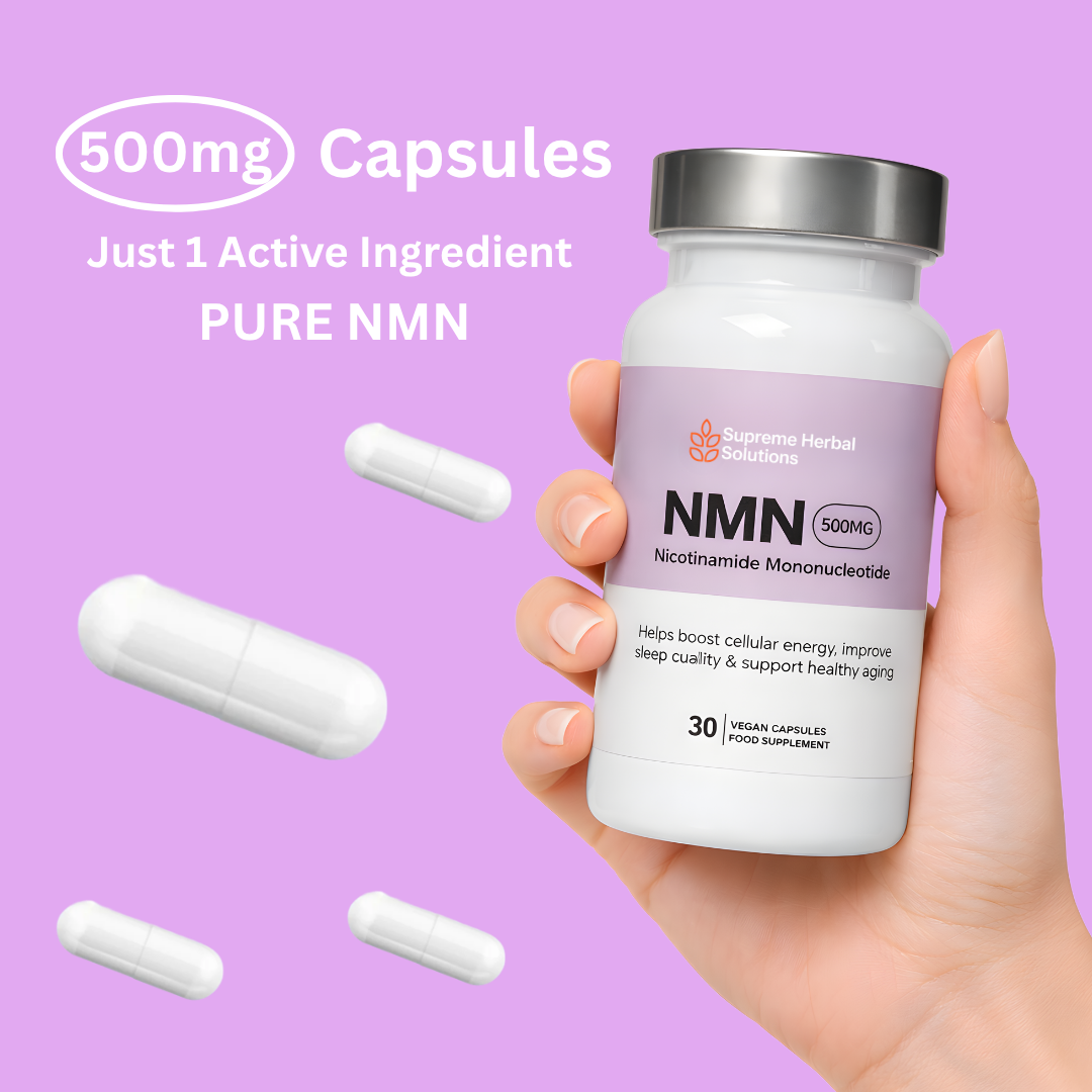 Supplement bottle labeled 'NMN' held in a hand with scattered capsules on a purple background