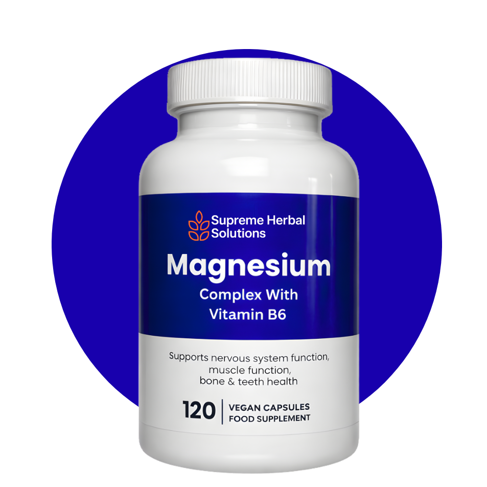 Supplement bottle labeled 'Magnesium Complex with Vitamin B6' by Supreme Herbal Solutions on a white background.