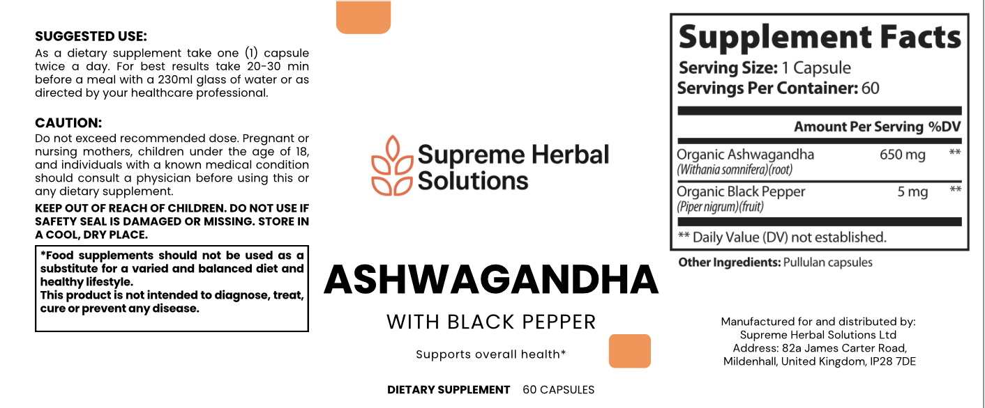 Ashwagandha capsules product label