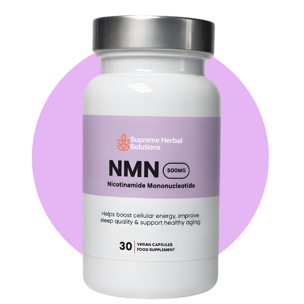 Supplement bottle labeled 'NMN' with a purple circle background