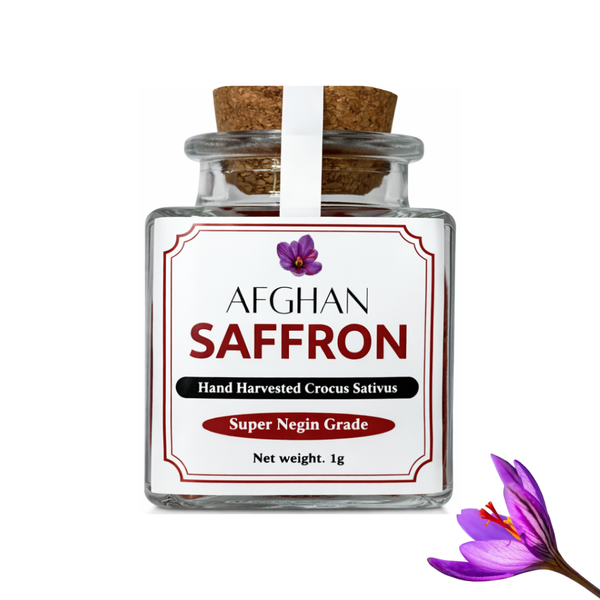 Glass jar of Afghan Saffron with a label on a white background