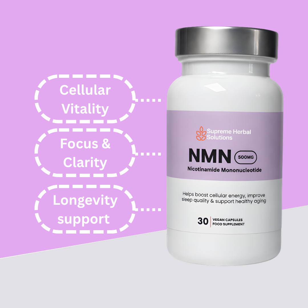 Supplement bottle labeled 'NMN' with benefits listed on a purple background