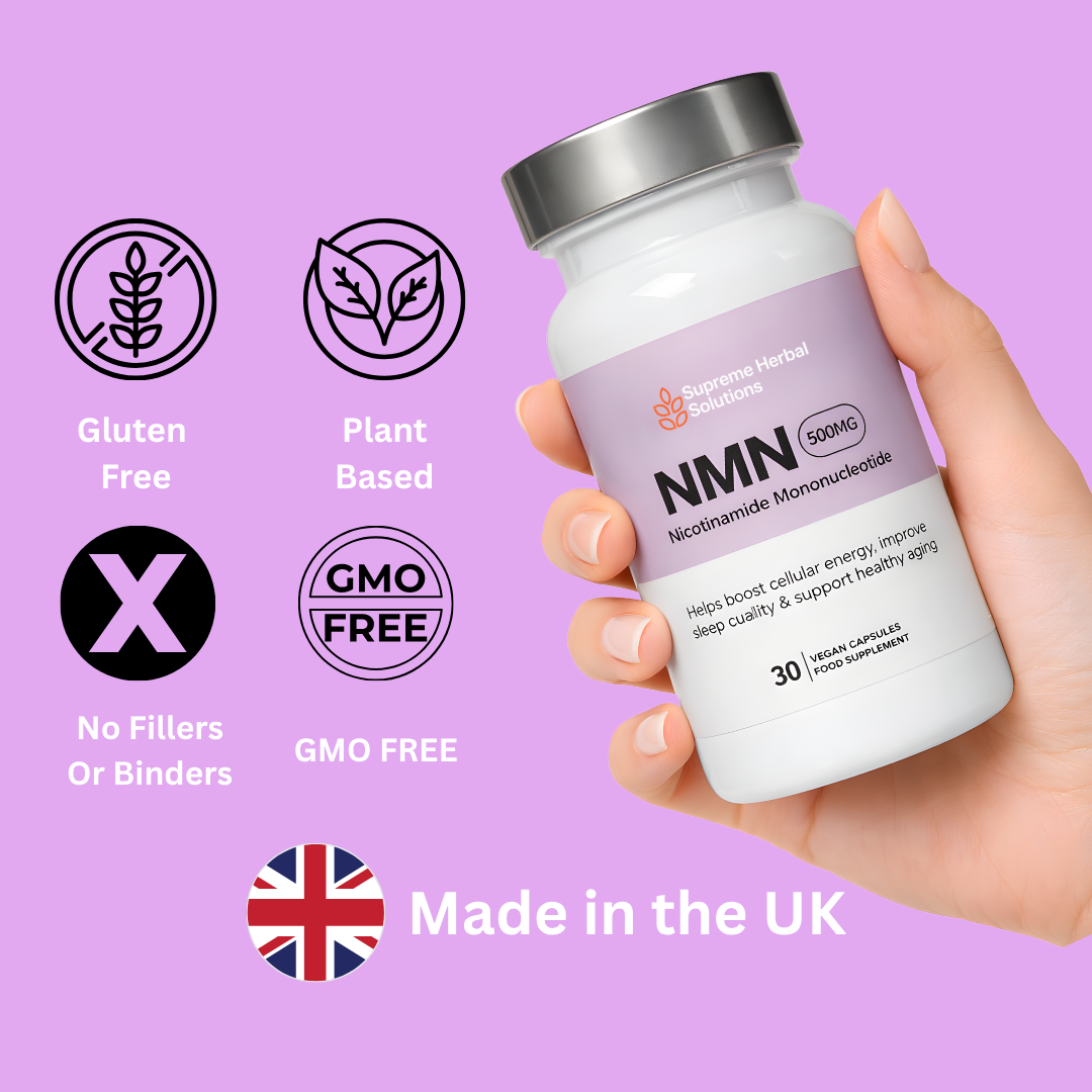 Hand holding a bottle of NINN supplement with certification icons on a purple background