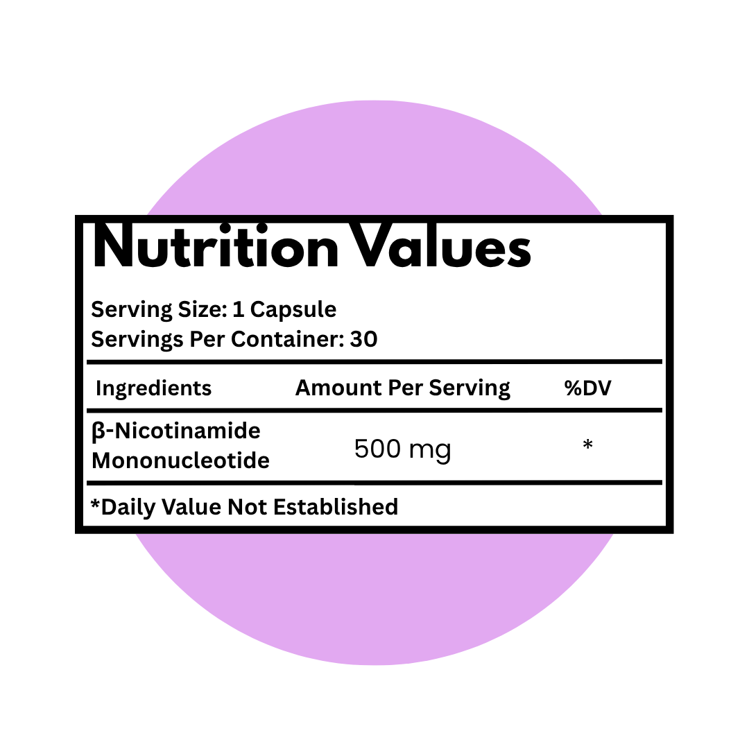 Nutrition label for a supplement with a purple circle on a white background