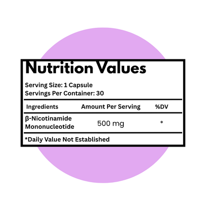 Nutrition label for a supplement with a purple circle on a white background