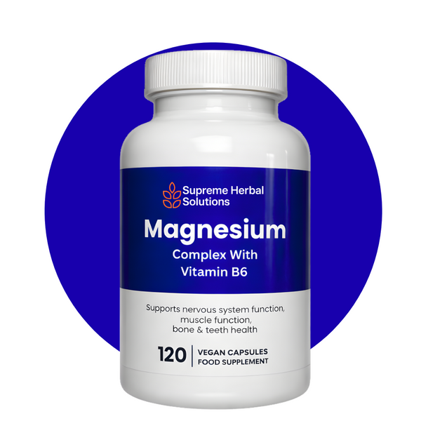 Supplement bottle labeled 'Magnesium Complex with Vitamin B6' by Supreme Herbal Solutions on a white background.