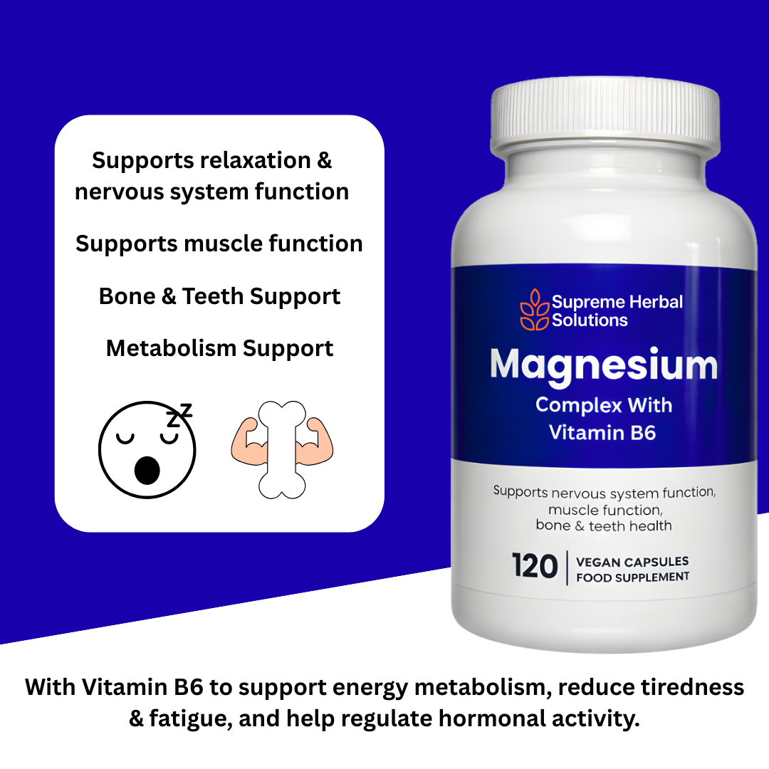Supreme Herbal Solutions magnesium supplement bottle with features listed on a blue background
