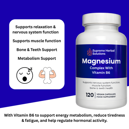 Supreme Herbal Solutions magnesium supplement bottle with features listed on a blue background