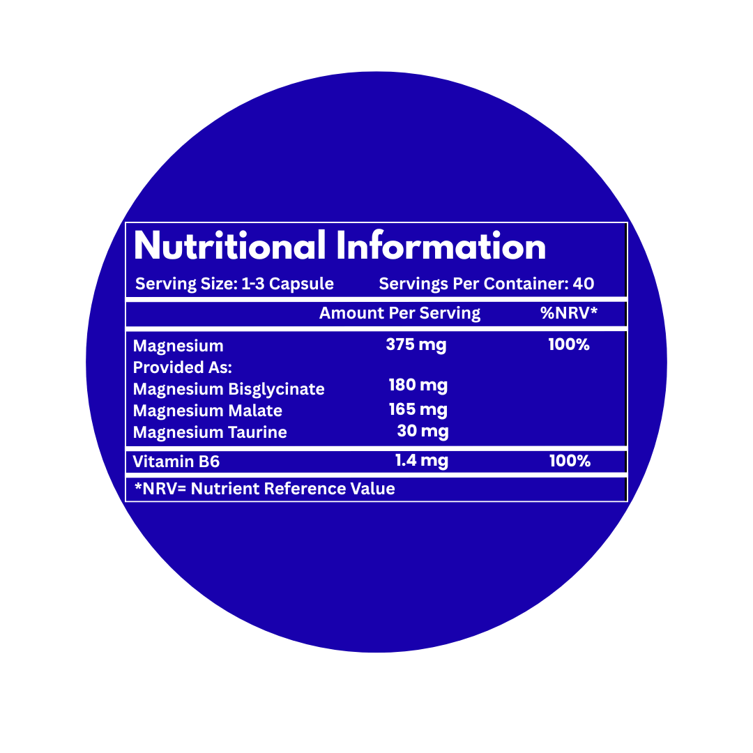 Nutritional information label for magnesium and vitamin B6 on a blue circle