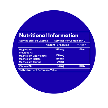 Nutritional information label for magnesium and vitamin B6 on a blue circle