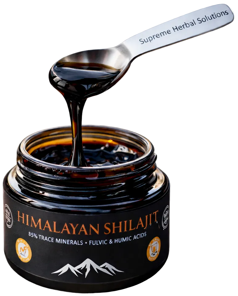 Jar of Himalayan Shilajit with a spoonful being lifted, on a transparent background