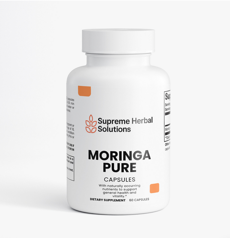 Moringa Oleifera vegan capsules bottle, 60 capsules, natural dietary supplement