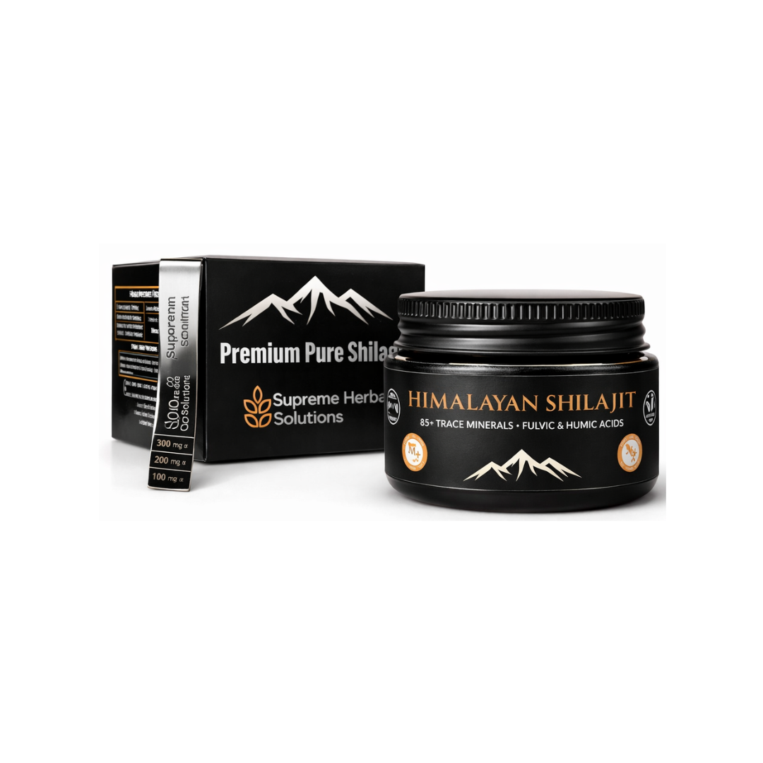 Himalayan Shilajit product with packaging on a white background
