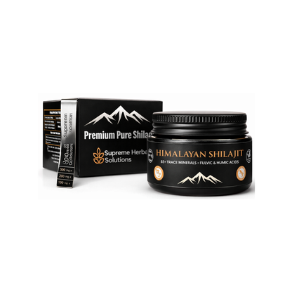 Himalayan Shilajit product with packaging on a white background